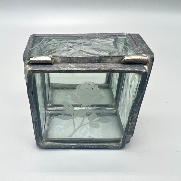 Textured Clear Glass Jewelry Trinket Box Hinged Etched Rose Design 2.5" x 2.5" - Picture 7 of 9